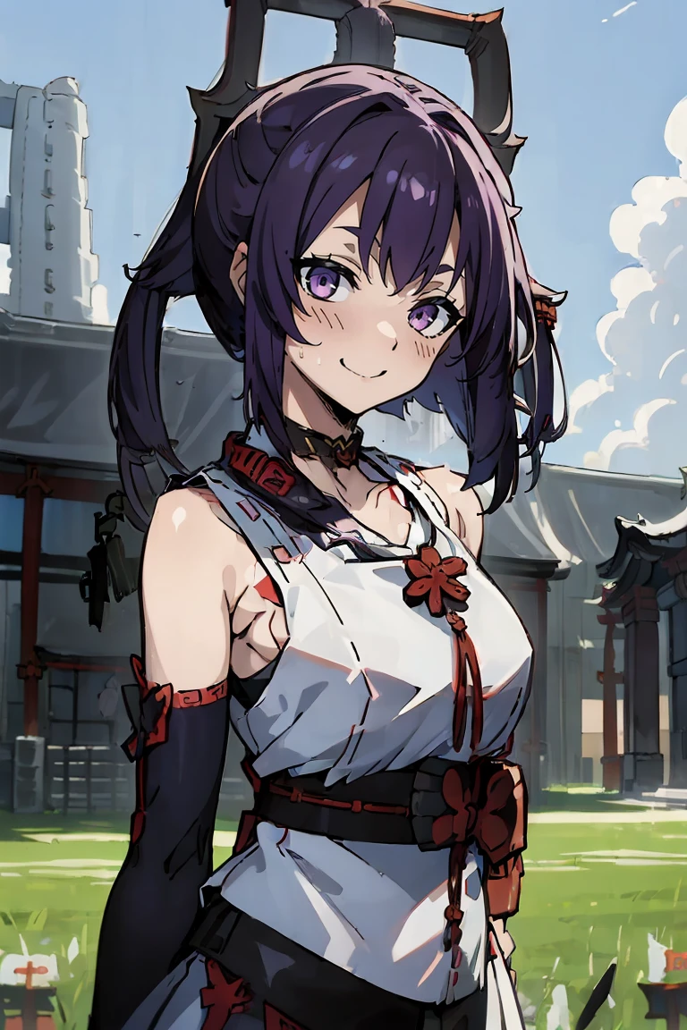 (masterpiece:1.2), (high quality:1.2), reo mikage, blue lock, girls with((1girl, solo, purple hair, (medium hair, right swept bangs, one side up:1.55), bare shoulder, blush, breasts, black sleeves, gloves, choker, cleavage, cowboy shot, collar, collarbone, rosary, rosary choker, cross, white clothes, blouse, sleeveless, neck ribbon, big ribbon, cheongsam, cinderella dress, long dress, frill pannier, leggings, boots, sandals, bare feet)), background with((architecture, blue sky, bush, castle, village, no humans, cloud, cloudy sky, day, field, garden, grass, hill, house, lamppost, landscape, mountain, mountainous horizon, nature, no humans, outdoors, scenery, shrine, sky:2.0))