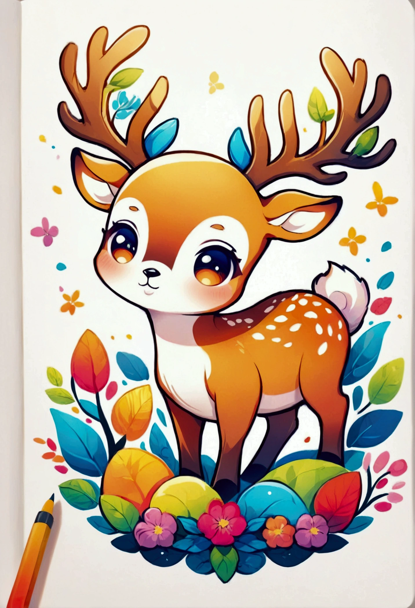 cute cartoon deer,2d illustration, colorful, design, aesthetic, white background, outline.