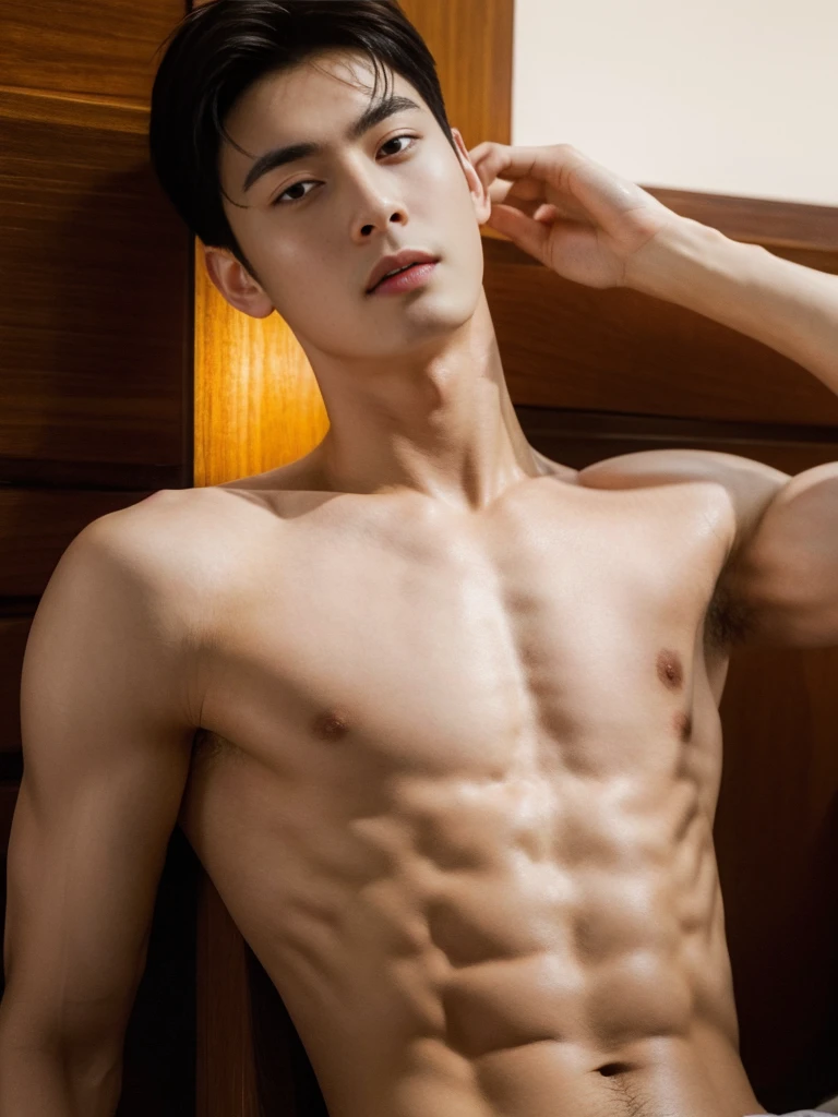 top quality, ultra high resolution, (photorealistic: 1.4), Cha eun woo, shirtless, showing armpit, dynamic angles, handsome, perfect face, perfect body, natural light, raw, detailed, best quality, 8k