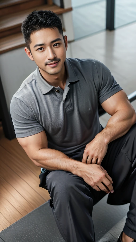 Masterpiece, best quality, high resolution, realistic, handsome, Take beautiful photos, A photo of a 35-year-old Gym Association member sitting on the floor. (The man has a thin mustache.) ,Full body, Portrait, standing on stairs, make military media, weight, Amazing , Buzzcut short hair,stubble head , (Hyper Muscle),looking at the audience, Flirt with the camera, charming, (Tight polo shirt Cargo pants ),(GS-Male:1), 8k,Bokeh,Portrait,look at the viewer, smile