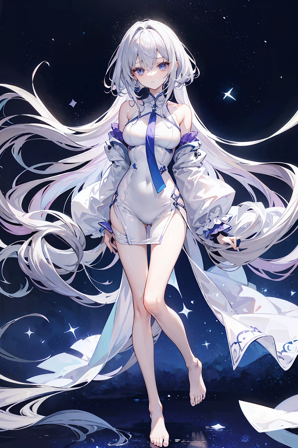 1girl, 18 year old female, Morgan Le Fay, Fate/Grand Order, anime style, ultra realistic, high detail, sexy pose, sexy, beautiful, exposed skin, slender, exposed breast, medium breast, nipples, nude, moon, stars, absurdres, high res, ultrasharp, 8K, UHD, retina, masterpiece, accurate, anatomically correct, perfect anatomy, textured skin, super detail, high details, high quality, award winning, best quality, high res, looking at viewer, detailed eyes, four fingers and one thumb per hand, perfect hands, two arms only, platinum blonde hair, blue eyes, fair skin, full body