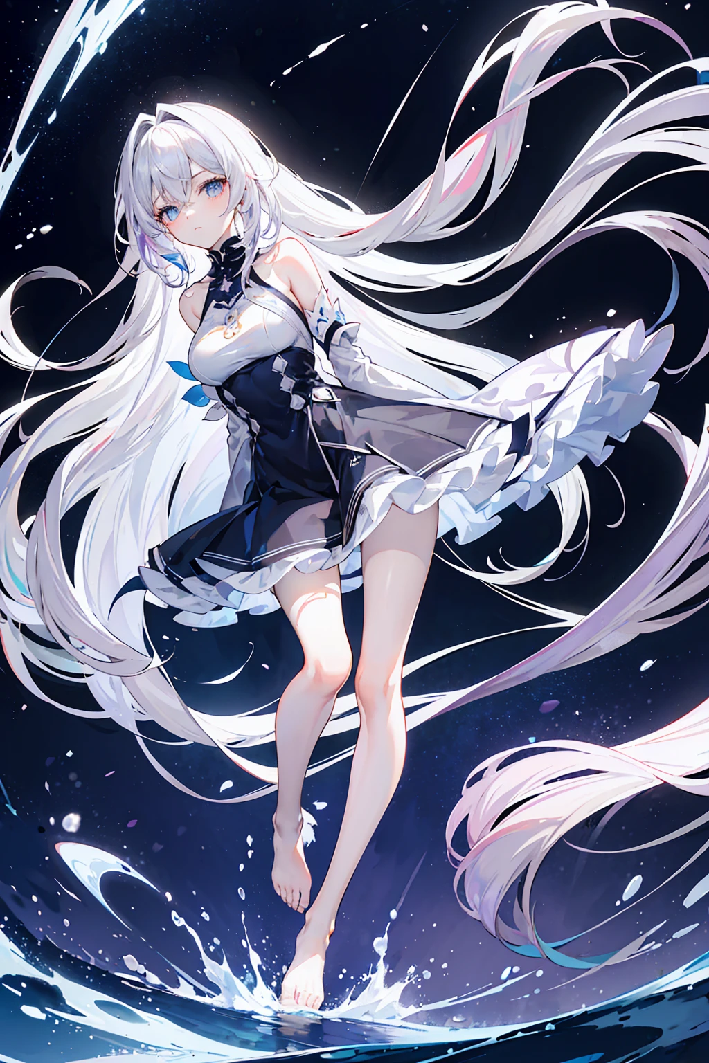 Lilac gradient hair,Asymmetrical hair,((Hair is very thick 1.8,Hair is well-defined1.6)), Hair over the shoulder, messy hair, Very long hair, shinny hair,(Long gray hair:1.2),A beautyful girl,(Luxury Platinum Mini Ultra Short Platinum ta,Made of transparent material),(Transparent clothes transparent 1.8),perfect body figure,big thin legs,slenderness,(looking sad,Haggard complexion ,grieves,close your mouth:1.2) Against the backdrop of an unusually bright dark starry sky,(Place your hands behind your back),(Round,tuba, firm breast),Barefoot,afloat,waterface,(long leges,long leges,long leges,Perfect leg shape),Full body photo。
