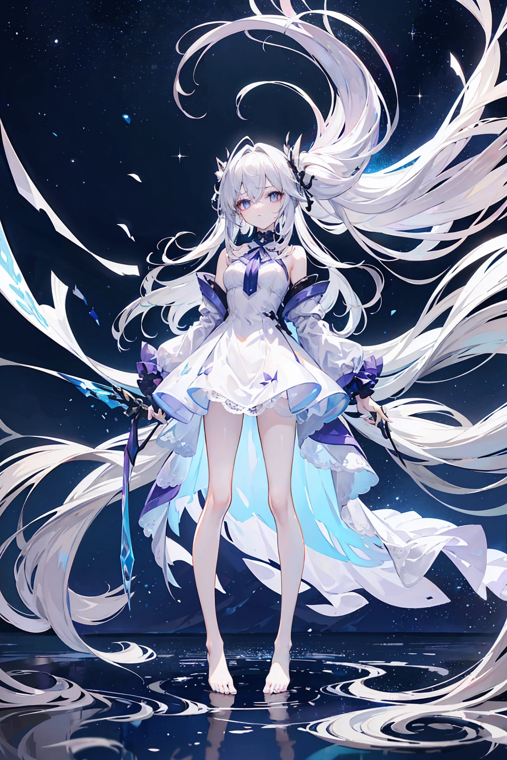 Lilac gradient hair,Asymmetrical hair,((Hair is very thick 1.8,Hair is well-defined1.6)), Hair over the shoulder, messy hair, Very long hair, shinny hair,(Long gray hair:1.2),A beautyful girl,(Luxury Platinum Mini Ultra Short Platinum Lolita,Made of transparent material),(Transparent clothes transparent 1.8),perfect body figure,big thin legs,slenderness,(looking sad,Haggard complexion ,grieves,close your mouth:1.2) Against the backdrop of an unusually bright dark starry sky,(Place your hands behind your back),(Round,tuba, firm breast),Barefoot,afloat,waterface,(long leges,long leges,long leges,Perfect leg shape),Full body photo。