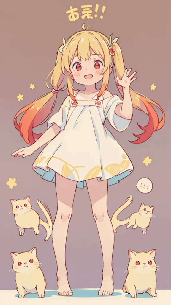 ((masterpiece))((Highest quality))girl、Laughing with your mouth open、blush、Flat Chest、Are thin、Blonde Hair、blush、Are standing、Whole body image、Eye level on face、、No background、Hair is two colors、Twin tails、Red Eyes、Two-tone red and yellow hair、Completely naked、Greeting with pussy、