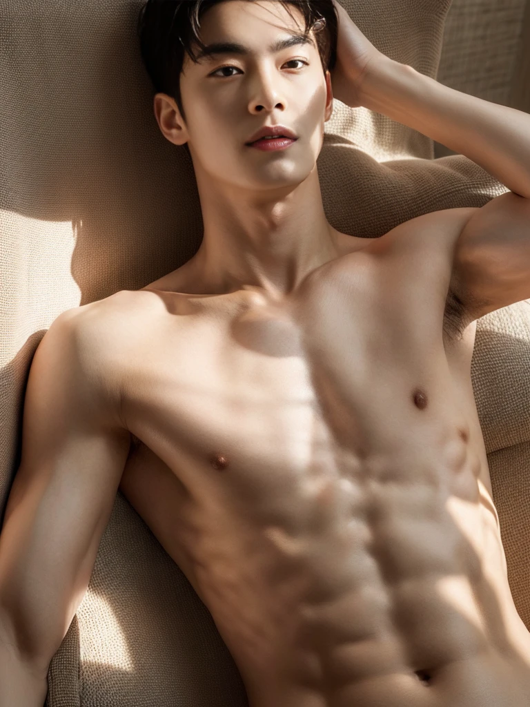 top quality, ultra high resolution, (photorealistic: 1.4), Cha eun woo, shirtless, showing armpit, dynamic angles, handsome, perfect face, perfect body, natural light, raw, detailed, best quality, 8k