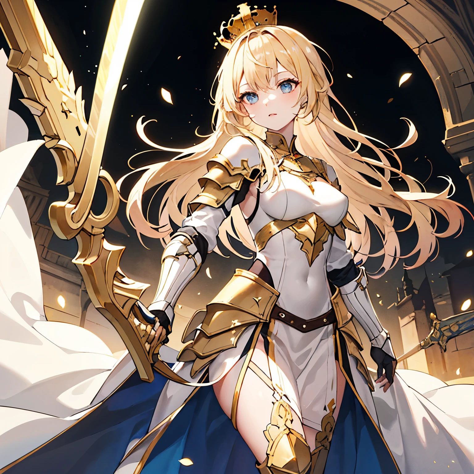 One blond woman with a White and Golden crown, wearing a White and Golden dress of armor, holding a Great sword.