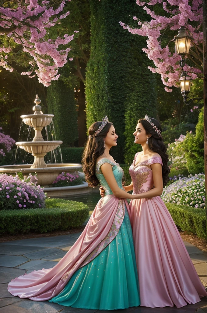 "Create an image of two Disney princesses standing together in an enchanted garden, each reflecting their unique characteristics and styles. One princess is elegant and poised, wearing a flowing pink gown adorned with sparkling jewels, while the other is adventurous and spirited, dressed in a vibrant green dress with a floral crown. The background features magical elements like blooming flowers, twinkling fairy lights, and a shimmering fountain."