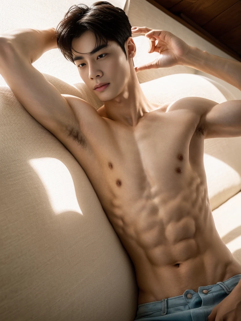 top quality, ultra high resolution, (photorealistic: 1.4), Cha eun woo, shirtless, showing armpit, dynamic angles, handsome, perfect face, perfect body, natural light, raw, detailed, best quality, 8k