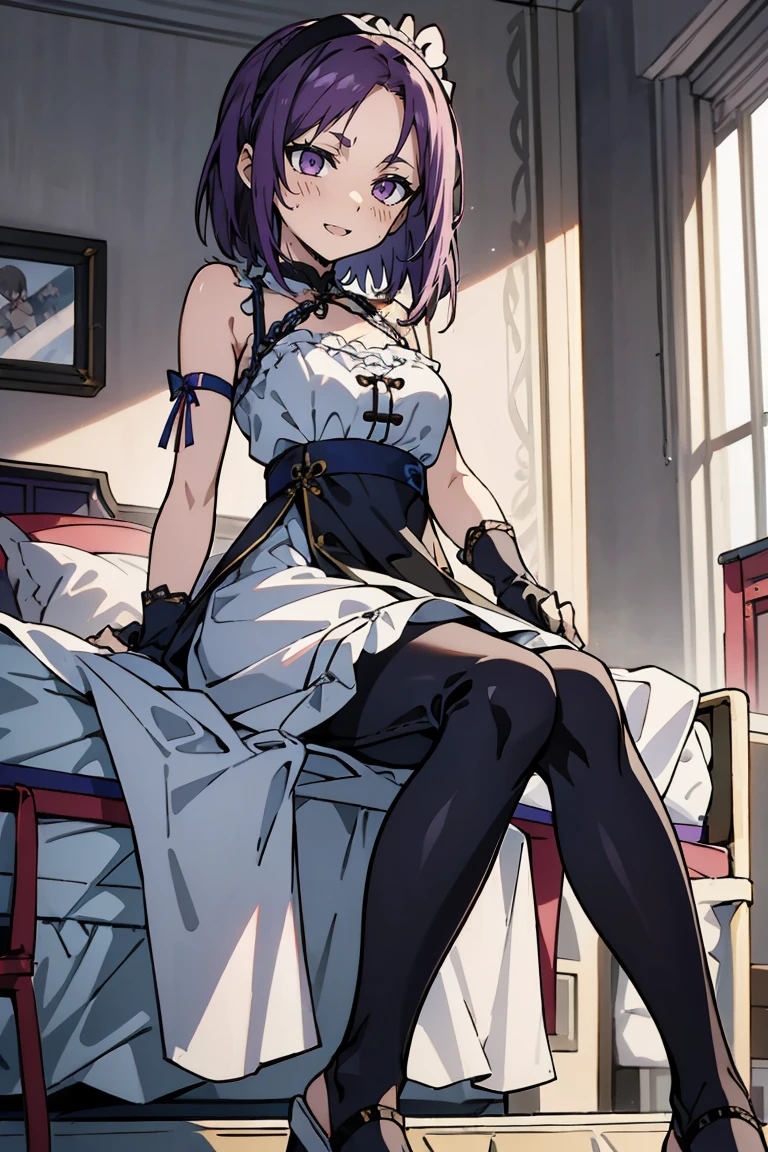 (masterpiece:1.2), (high quality:1.2), reo mikage, blue lock, girls with((1girl, solo, purple hair, (medium hair, right swept bangs, one side up:1.55), bare shoulder, blush, breasts, black sleeves, gloves, choker, cleavage, cowboy shot, collar, collarbone, rosary, rosary choker, cross, white clothes, blouse, sleeveless, neck ribbon, big ribbon, cheongsam, cinderella dress, long dress, frill pannier, leggings, boots, sandals, bare feet)), background with((bedroom, room:2.0))