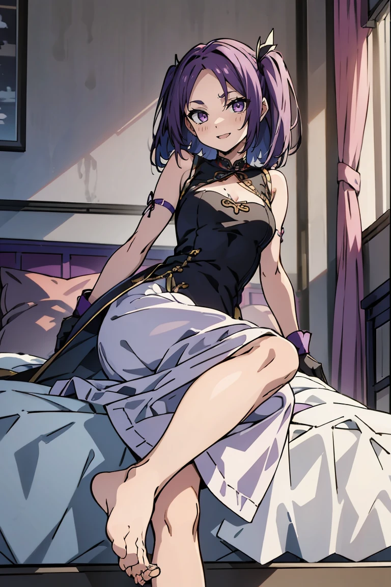 (1 girl) Dark short shoulder-length hair, Emotionless face, quiet look. Small purple rose in hair, dark purple eyes, bare feet, Dark gothic outfit.