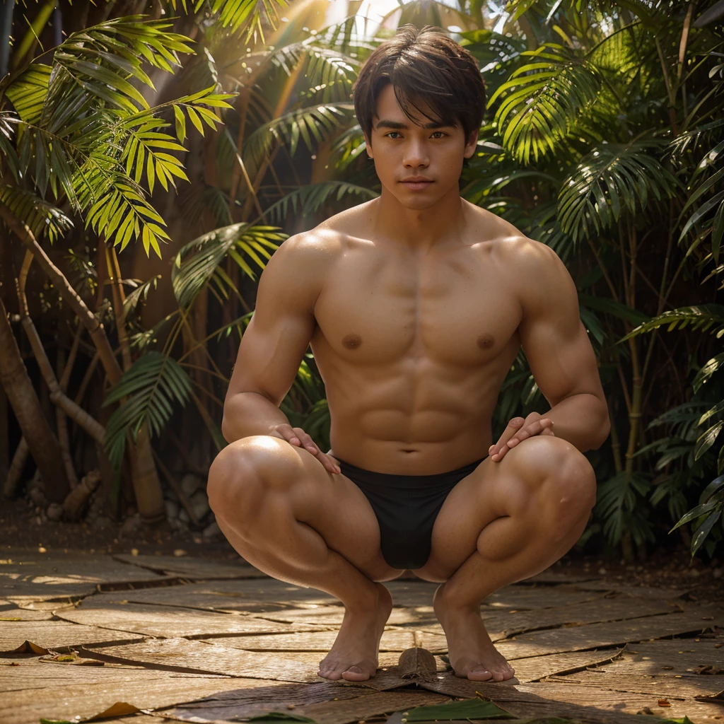 A professional young man in a squatting position focuses on capturing beautiful fantasy moments. The young man's body is made entirely of dry bamboo leaves, very complicated and detailed, with a frozen lake in the background with beautiful heavenly decorations under the dim sunlightequipped with highly detailed hyperrealistic rainbow colors using a high-end 24K HD photo camera.
