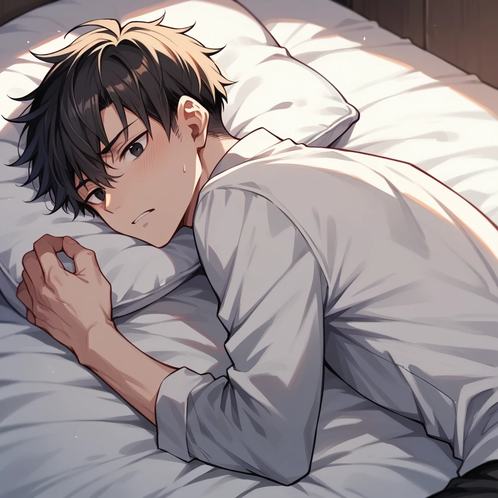 Strong Japanese boy , Black short hair, black eyes, Resolute expression, With white short-sleeved trousers, Lying on the white bed
