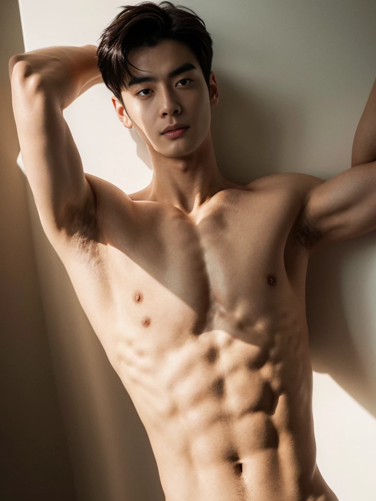 top quality, ultra high resolution, (photorealistic: 1.4), Cha eun woo, shirtless, showing armpit, dynamic angles, handsome, perfect face, perfect body, natural light, raw, detailed, best quality, 8k