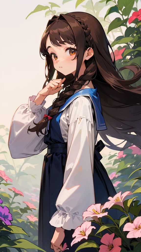 cute, anime, cute, super high quality, Very detailed, 8k, Clarity, Young twin sisters, Dark brown long hair, Dark brown braided hair, Petunia Garden, Let's hold hands and dance in the flower field, Close your eyes and smile, Close your eyes and smile, Good friend, Dance and jump, Blooming Plateau, Spreading Mountains, sunny, sunny, Small birds fly, Alpine plateau, Light blue maid outfit, Pink maid outfit, Big ribbon, Draw detailed facial expressions, Colorful petunia flowers, Close your eyes and smile, Petunia petals are fluttering, Detailed drawing of a petunia flower, aerial photograph, Light pours down, Symmetric,