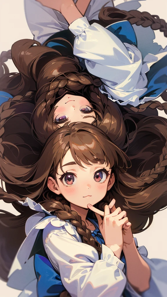 cute, anime, cute, super high quality, Very detailed, 8k, Clarity, Young twin sisters, Dark brown long hair, Dark brown braided hair, Petunia Garden, Let&#39;s hold hands and dance in the flower field, Close your eyes and smile, Close your eyes and smile, Good friend, Dance and jump, Blooming Plateau, Spreading Mountains, sunny, sunny, Small birds fly, Alpine plateau, Light blue maid outfit, Pink maid outfit, Big ribbon, Draw detailed facial expressions, Colorful petunia flowers, Close your eyes and smile, Petunia petals are fluttering, Detailed drawing of a petunia flower, aerial photograph, Light pours down, Symmetric, 