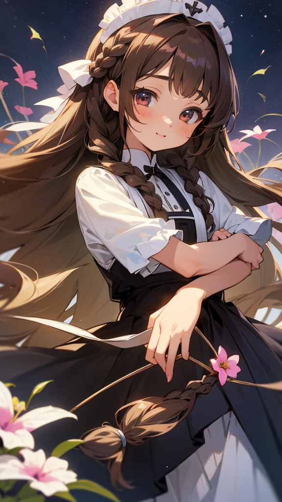 cute, anime, cute, super high quality, Very detailed, 8k, Clarity, Young twin sisters, Dark brown long hair, Dark brown braided hair, Petunia Garden, Let&#39;s hold hands and dance in the flower field, Close your eyes and smile, Close your eyes and smile, Good friend, Dance and jump, Blooming Plateau, Spreading Mountains, sunny, sunny, Small birds fly, Alpine plateau, Light blue maid outfit, Pink maid outfit, Big ribbon, Draw detailed facial expressions, Colorful petunia flowers, Close your eyes and smile, Petunia petals are fluttering, Detailed drawing of a petunia flower, aerial photograph, Light pours down, Symmetric, 