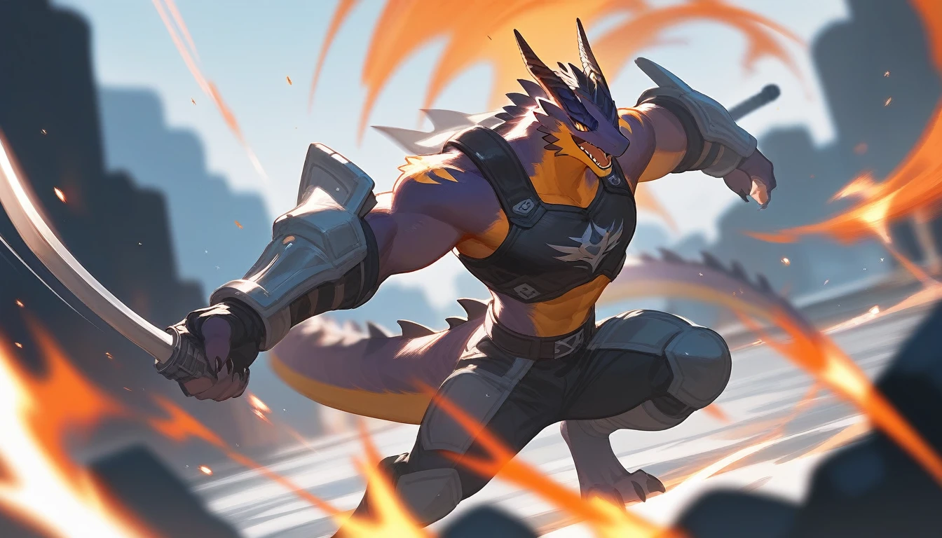 top quality, High quality illustrations((masterpiece))depth of field, Motion blur, absurdities, perfect anatomy, Magnificent image of kemono fighting fierce battles., kemono, 1 chico, Focus only, the second((dramatic))epic, weapon, dynamic pose, a scene of the movie.,furry，Dragon，chino

