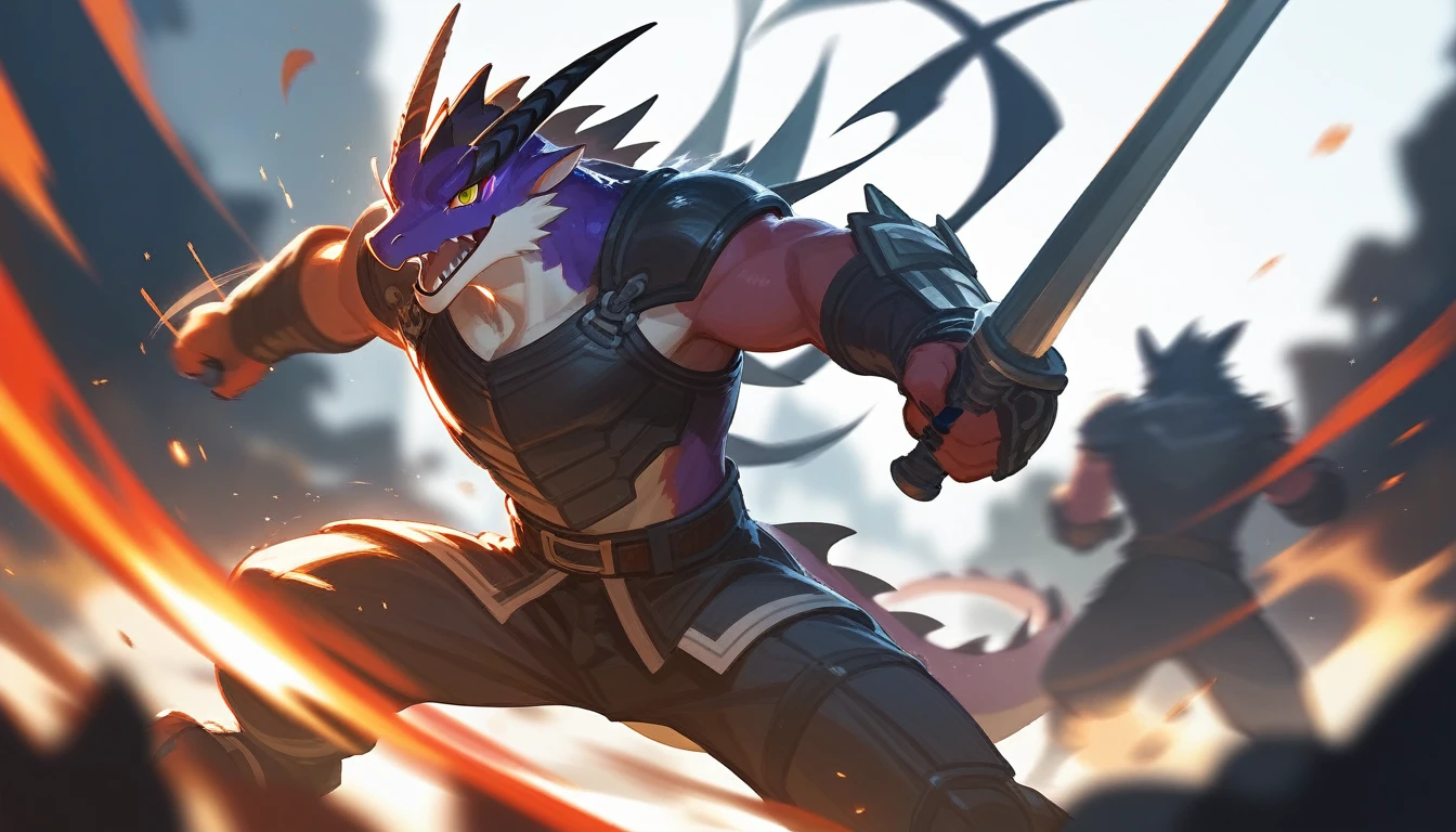 top quality, High quality illustrations((masterpiece))depth of field, Motion blur, absurdities, perfect ???????, Magnificent image of kemono fighting fierce battles., kemono, 1 chico, Focus only, the second((dramatic))epic, weapon, dynamic pose, a scene of the movie.,furry，Dragon，chino


