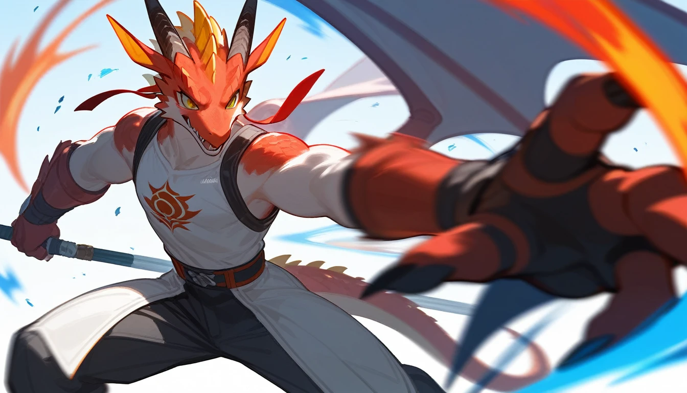 top quality, High quality illustrations((masterpiece))depth of field, Motion blur, absurdities, perfect anatomy, Magnificent image of kemono fighting fierce battles., kemono, 1 chico, Focus only, the second((dramatic))epic, weapon, dynamic pose, a scene of the movie.,furry,Dragon,chino