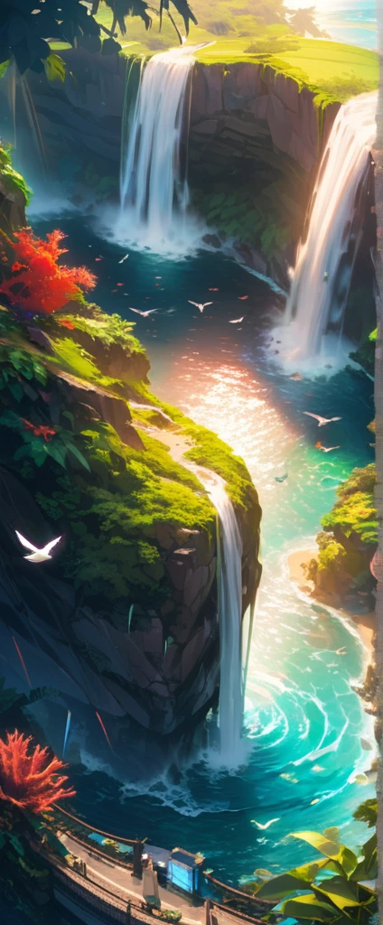 quality\(8k,wallpaper of extremely detailed CG unit, masterpiece,hight resolution,top-quality,top-quality real texture skin,hyper realisitic,increase the resolution,RAW photos,best qualtiy,highly detailed,the wallpaper,cinematic lighting,ray trace,golden ratio\), BREAK ,island\((full Panoramic view of island:1.5),mysterious,beautiful birds , beautiful butterflies,beautiful flowers,beautiful animals, beautiful sunlight shines through the trees, ruins\(mysterious, beautiful, cosmic, futuristic\),(surrounded by waterfalls:1.8)\), (sorrounded by sea\(tremendously clean,crystal clear, fish can be seen, coral reefs are visible,beautiful\):1.4),(open sky:1.2),(aerial view:1.7),(from above:1.5),(bird’s-eye view:1.5),(panorama:1.6),golden hour,colorful