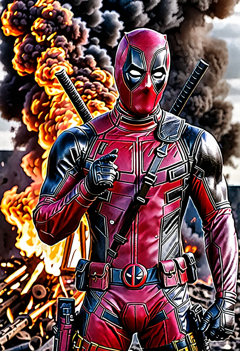 Marvel - Deadpool, close-up photo, the context of victory in the great war, smoke and fire