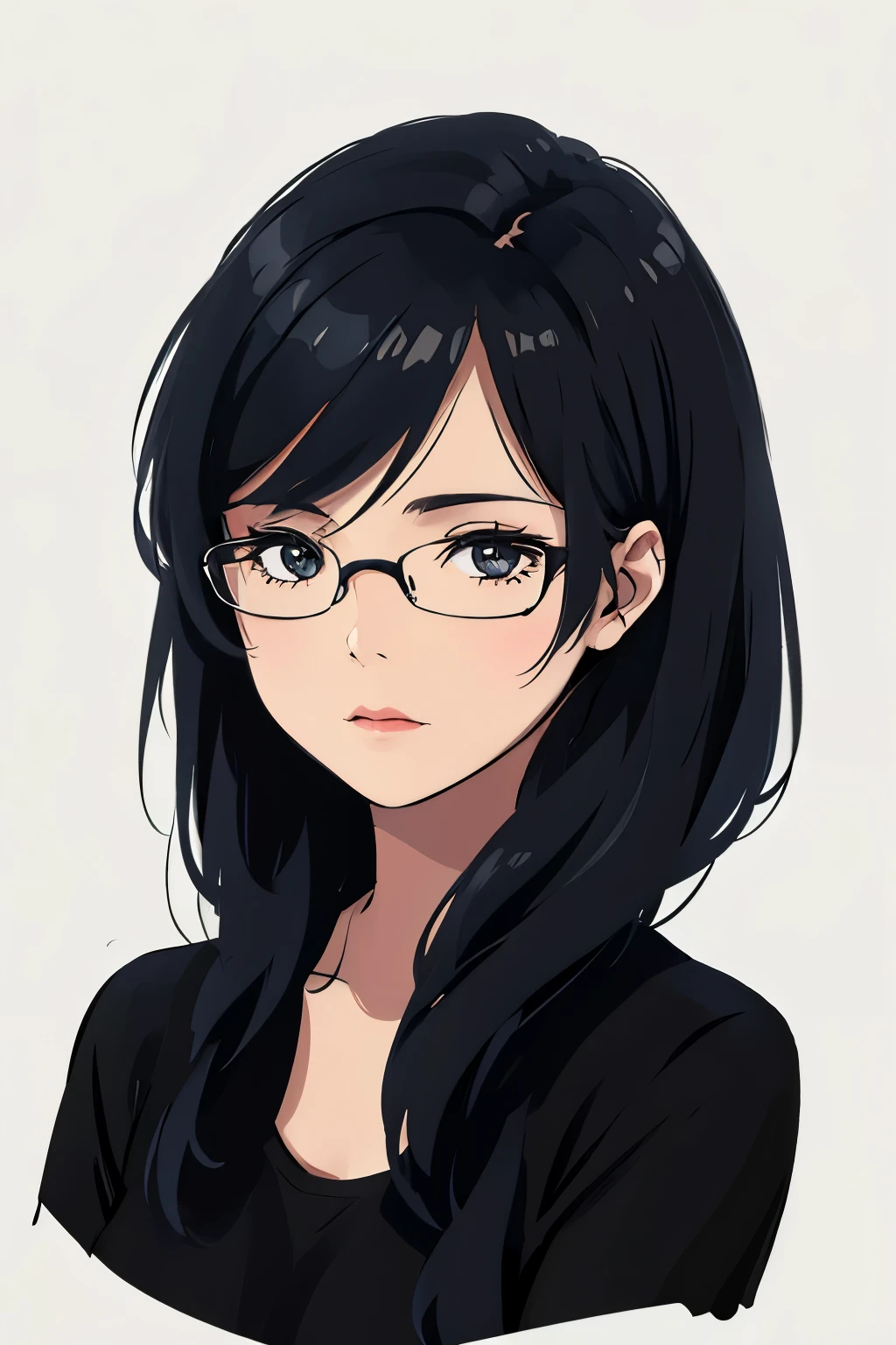 Simple illustration of a woman with black mini-bobbed hair. She wears glasses and has a warm, cosy atmosphere. White background.