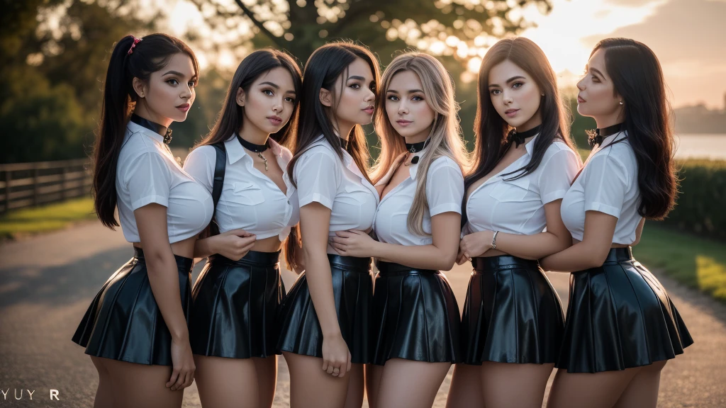 three girls, masterpiece,best qualtiy,hdr, hyper HD, 8K,Bokeh,Ultra-fine painting,Sharp focus,Physically-based rendering,Extreme detail description,portraitures,full-body photo，back turned at viewer, (long bob_cut hair), Sexy smile, choker, (latex school girl uniform with micro skirt and open shirt:1.2), (in sunset light:1.2), (kissing:1.3), perfect eyes, perfect hands, perfect body, perfect hair, (Big breasts:1.4), (EOS R8, 50 millimeters, F1.2, 8K, RAW photo:1.2), photograph by arny freytag