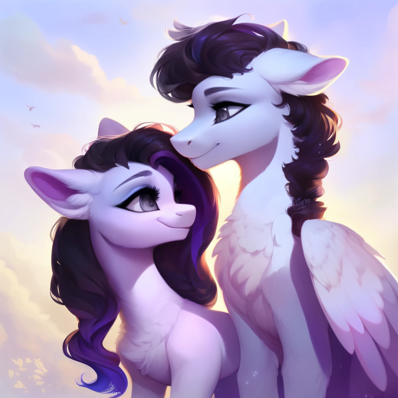 rating_safe, score_9, fluffy, feral pegasus pony, female, Light purple body, black-purple mane, disheveled hair, soft and delicate long hair, clear and proud with a hint of tenderness in grey eyes, grey eyes, smiling. dynamic