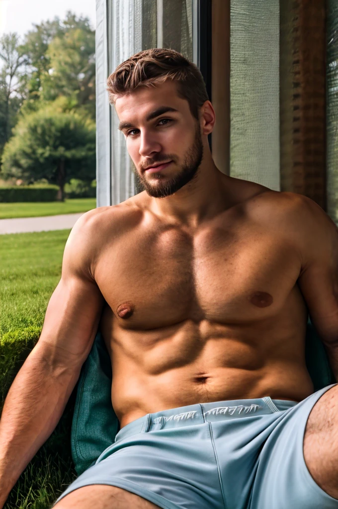 sc_stu, photo of handsome guy, 30yo, crisp clean lighting, (natural lighting:studio lighting:0.5), sophisticated elegant mood, stained, highly detailed, found footage, masculine, elegant pose, portrait, face focus, look at viewer, shirtless, hapoy hairy trail, messy undercut hair, blonde hair, full beard, facial hair, long beard, (curly hair), outdoors, nature green field, morning time, chilling, relax, (masterpiece,best quality:1.5)
