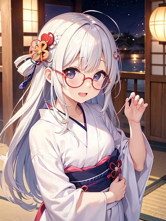 cute、White Eyes Hair、Long Hair、Japanese、Staring at this、Fleeting、masterpiece、Vivid、yukata、Laughter、kind、turn around，summer，hair ornaments，Round lens glasses