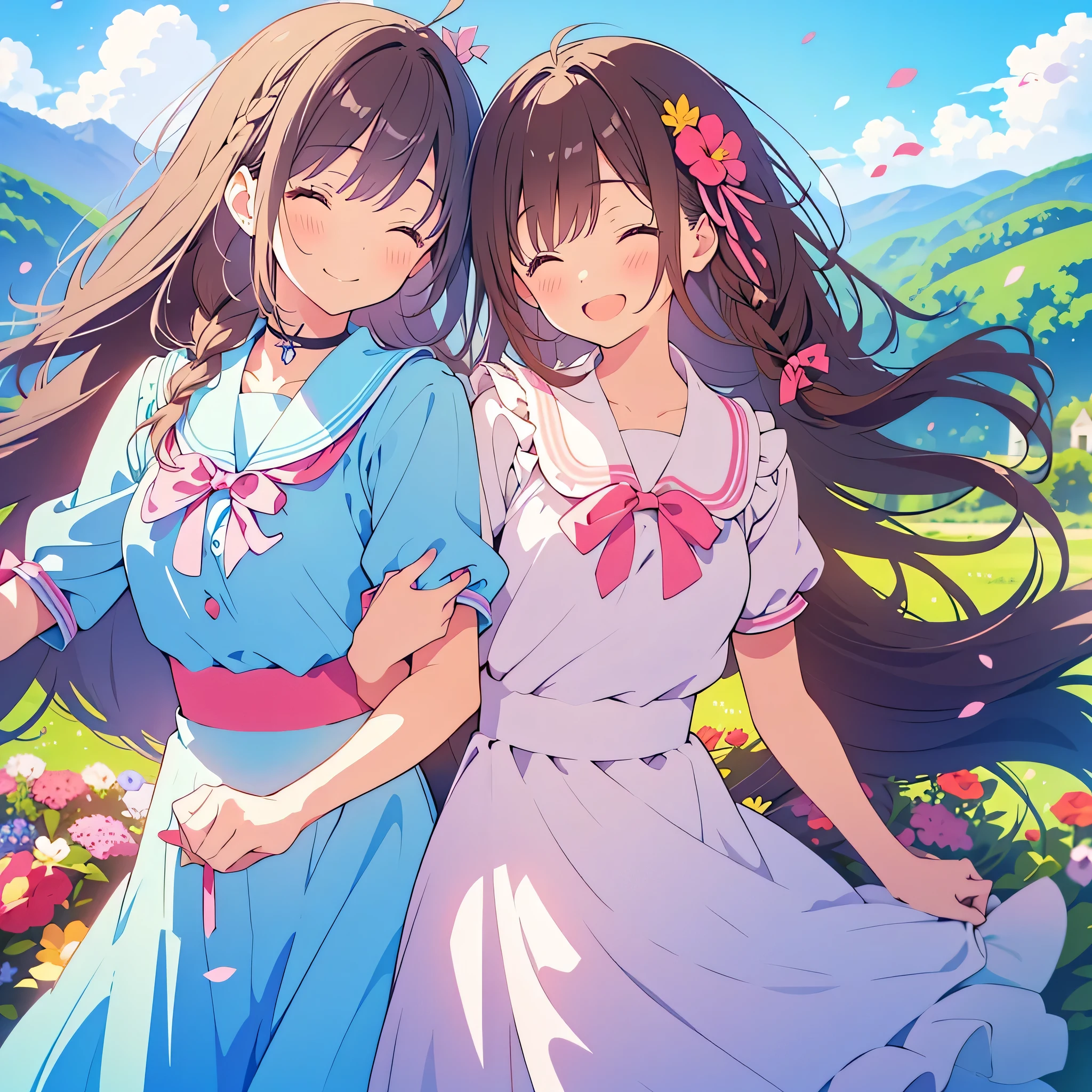 kawaii, anime, Cute, hyper quality, highly detailed, 8k, Clarity, young twin sisters, dark brown long hair, dark brown braided hair, petunia flower garden, Hold hands and dance around in the flower field, Close your eyes and smile, close your eyes and laugh, A good friend, dance and jump, Flower blooming plateau, spreading mountain range, clear sky, clear sky, little bird flies, plateau of the alps, light blue maid outfit, pink maid outfit, big ribbon, Draw facial expressions in detail, colorful petunia flowers, Close your eyes and smile, Petunia petals are dancing, Detailed drawing of petunia flowers, aerial view, light pours down, Symmetrical, 