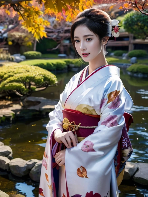 (Highest quality、 8k 、masterpiece、High resolution)、 Japanese painting、Vibrant colors、A woman wearing a kimono、Ample breasts、(Highly detailed face and eyes,Beautiful Face,Beautiful Eyes,Beautiful nose,Pretty lips)、Dynamic painting technique、Japanese garden、Autumn scenery、autumn leaves、Night Sky、moonlight、Detailed Description、