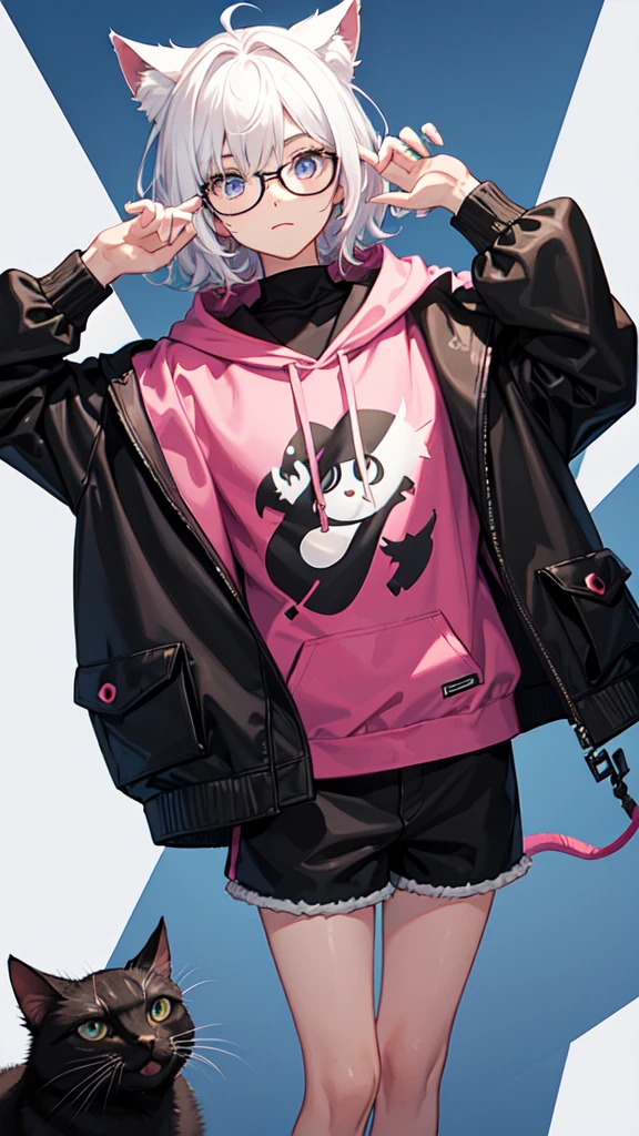 19 years old male, White Asian, Middle-parted textured hair black, Oversized pink hooded jumper with cute cat, Wearing black corduroy shorts, Oversized black round framed glasses, Slanted blue eyes.