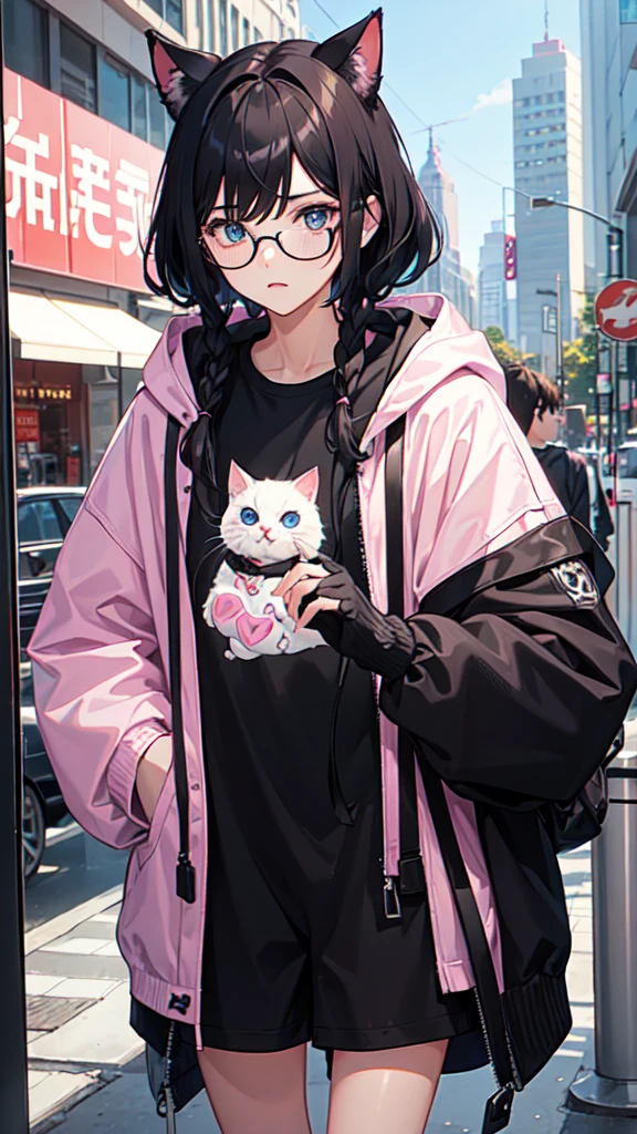 19 years old male, White Asian, Middle-parted textured hair black, Oversized pink hooded jumper with cute cat, Wearing black corduroy shorts, Oversized black round framed glasses, Slanted blue eyes.