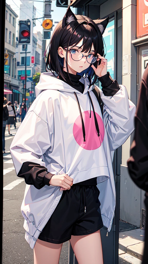 19 years old male, White Asian, Middle-parted textured hair black, Oversized pink hooded jumper with cute cat, Wearing black corduroy shorts, Oversized black round framed glasses, Slanted blue eyes.