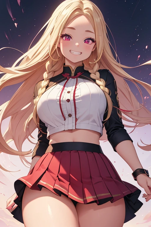 Realistic、masterpiece, 1girl, blonde braided hair、red eyes, (eye focus:1.3,face focus),(Gradient eyes:1.3),open mouth,(grin:1.3),forehead,cute face、((Thick thighs、Beautiful thighs)), A condescending gaze on the viewer, fighting pose