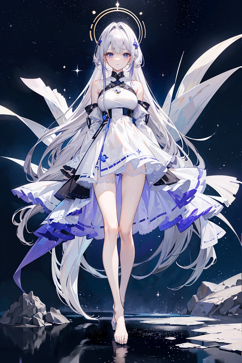 Lilac gradient hair,Asymmetrical hair,((Hair is very thick 1.8,Hair is well-defined1.6)), Hair over the shoulder, messy hair, Very long hair, shinny hair,(Long gray hair:1.2),A beautyful girl,(Luxury Platinum Mini Ultra Short Platinum ta,Made of transparent material),(Transparent clothes transparent 1.8),perfect body figure,big thin legs,slenderness,(looking sad,Haggard complexion ,grieves,close your mouth:1.2) Against the backdrop of an unusually bright dark starry sky,(Place your hands behind your back),(Round,tuba, firm breast),Barefoot,afloat,waterface,(long leges,long leges,long leges,Perfect leg shape),Full body photo。