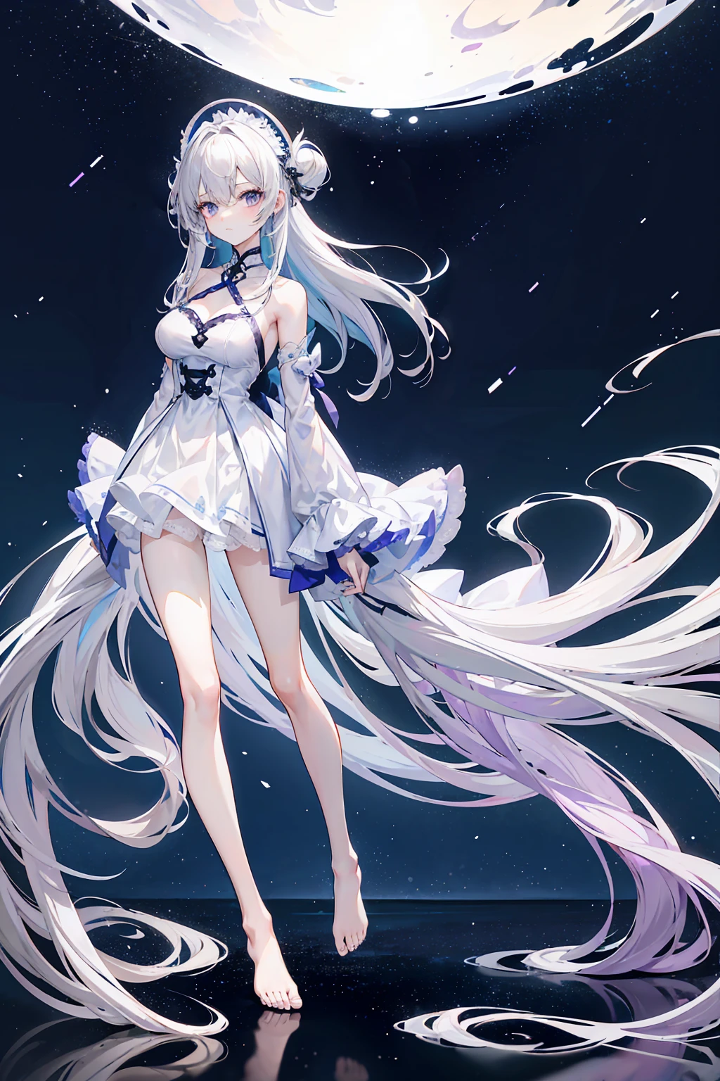 Lilac gradient hair,Asymmetrical hair,((Hair is very thick 1.8,Hair is well-defined1.6)), Hair over the shoulder, messy hair, Very long hair, shinny hair,(Long gray hair:1.2),A beautyful girl,(Luxury Platinum Mini Ultra Short Platinum ta,Made of transparent material),(Transparent clothes transparent 1.8),perfect body figure,big thin legs,slenderness,(looking sad,Haggard complexion ,grieves,close your mouth:1.2) Against the backdrop of an unusually bright dark starry sky,(Place your hands behind your back),(Round,tuba, firm breast),Barefoot,afloat,waterface,(long leges,long leges,long leges,Perfect leg shape),Full body photo。