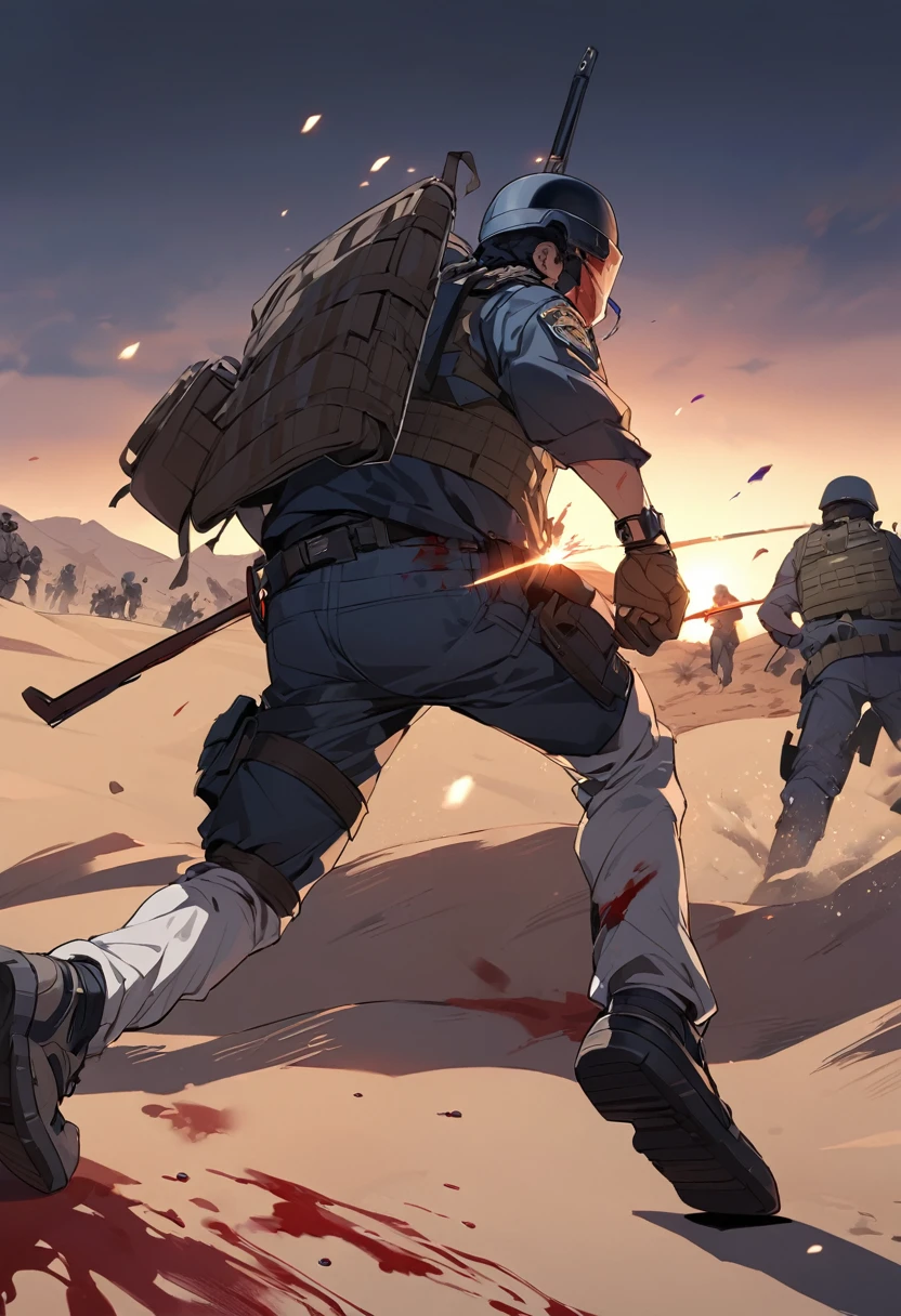 Terrorists, terrorists beat police, desert, night, blood