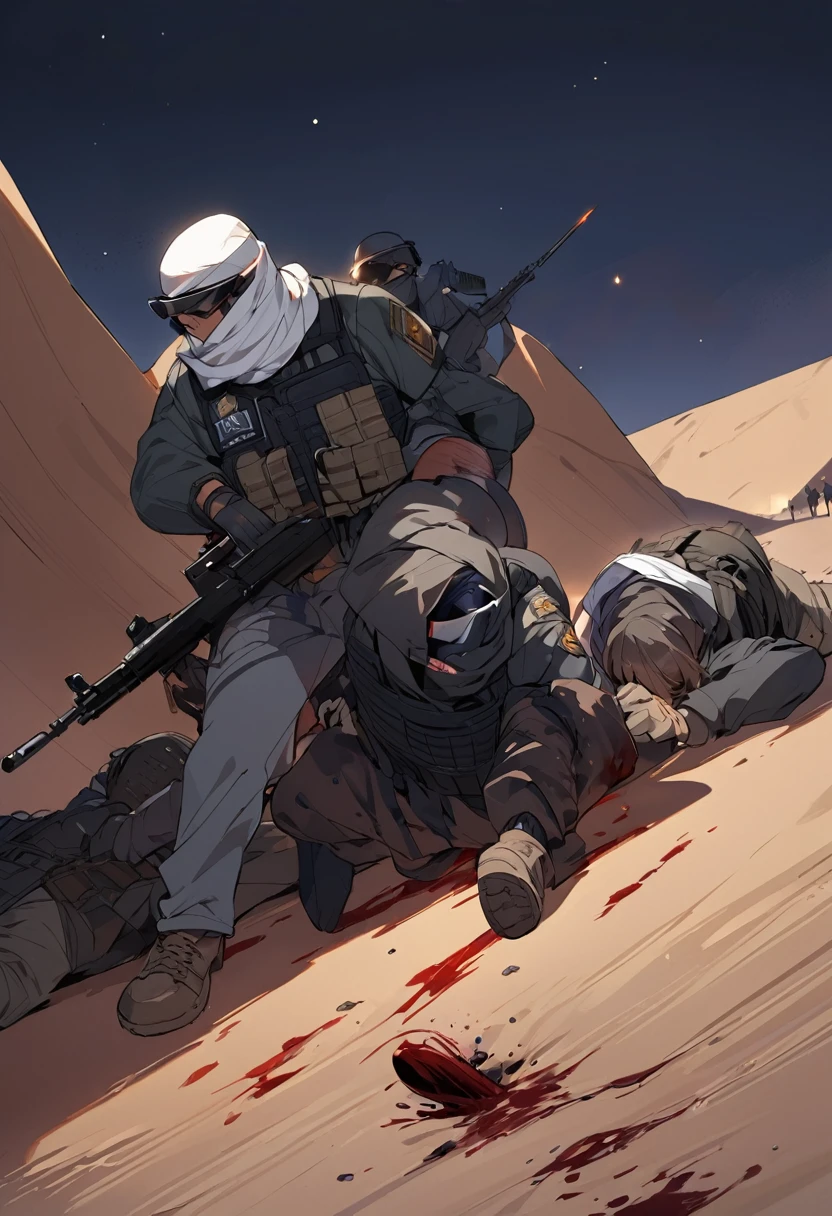 Terrorists, terrorists beat police, desert, night, blood