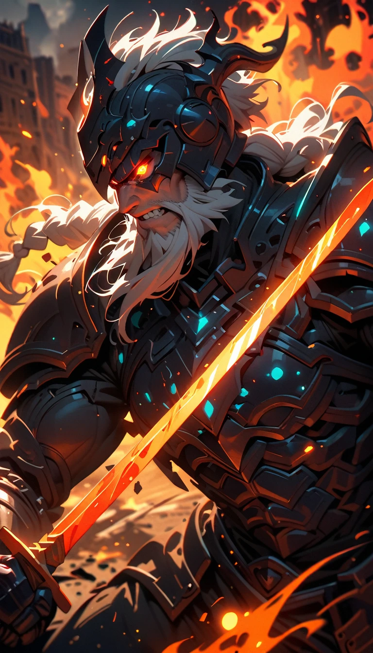 ((best quality)) , ((masterpiece)) , (detailed),weapon, armor, holding, long hair, facial hair, glowing eyes, 1boy, male focus, holding weapon, glowing, sword, outdoors, helmet, braid, teeth, fire, shoulder armor, pants, grey hair, beard, bangs, holding sword, muscular male, white hair,(((Pointillism style,Composed entirely of small, distinct dots of color, vibrant, highly detailed)))
