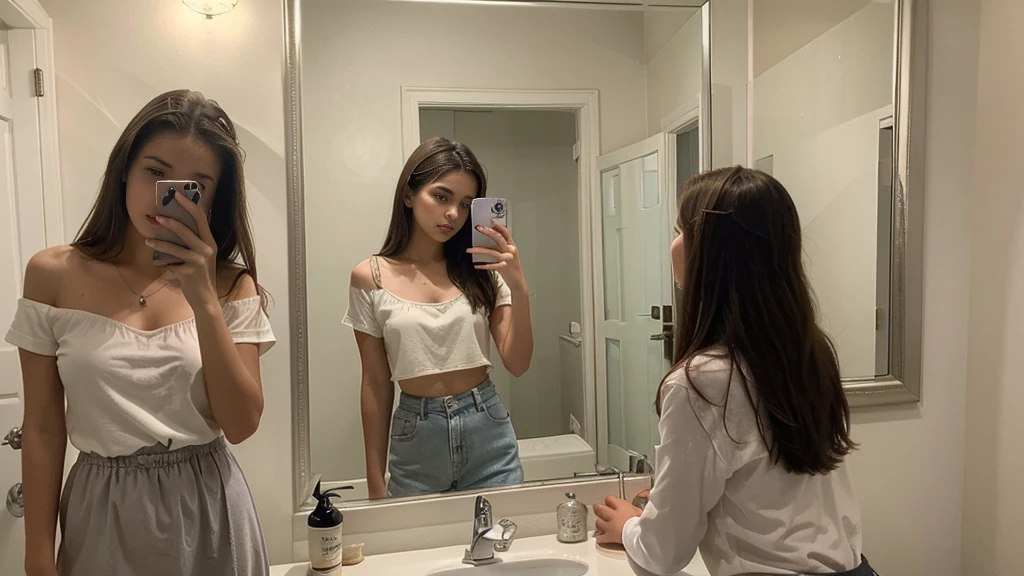 several women are taking a picture in a mirror in a bathroom, profile pic, profile picture, posing for a picture, very very low quality picture, 18 years old, mirror selfie, beautiful girls, profile image, older sister vibes, , instagram model, selfie, high picture quality, selfie photo, leaked photo