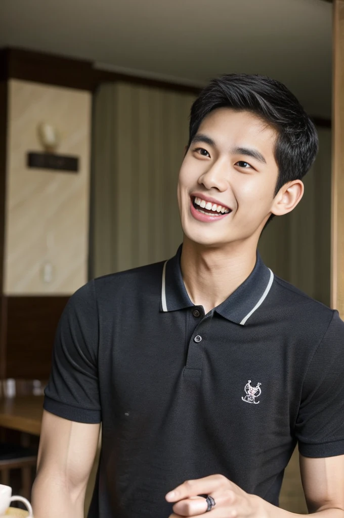 Korean man, Inspiration from Peng Yuyan, 23 years old, Korean muscular man ，The dining room is in the back, a tight-fitting polo shirt., open mouth smile