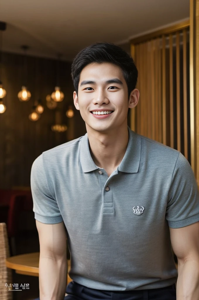 Korean man, Inspiration from Peng Yuyan, 23 years old, Korean muscular man ，The dining room is in the back, a tight-fitting polo shirt., open mouth smile