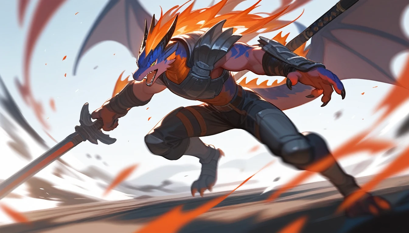 top quality, High quality illustrations((masterpiece))depth of field, Motion blur, absurdities, perfect anatomy, Magnificent image of kemono fighting fierce battles., kemono, 1 chico, Focus only, the second((dramatic))epic, weapon, dynamic pose, a scene of the movie.,furry,Dragon,chino