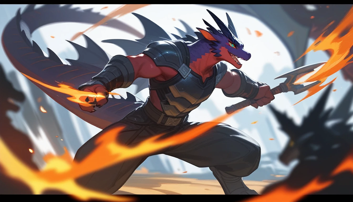 top quality, High quality illustrations((masterpiece))depth of field, Motion blur, absurdities, perfect anatomy, Magnificent image of kemono fighting fierce battles., kemono, 1 chico, Focus only, the second((dramatic))epic, weapon, dynamic pose, a scene of the movie.,furry,Dragon,chino