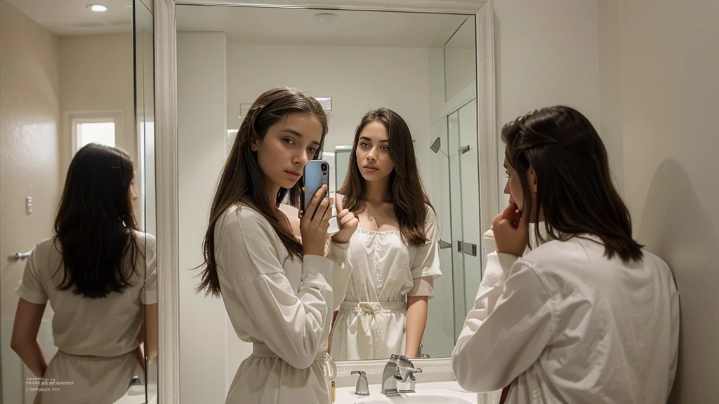 several women are taking a picture in a mirror in a bathroom, a picture by Niko Henrichon, reddit, realism, profile pic, profile picture, posing for a picture, very very low quality picture, 18 years old, mirror selfie, beautiful girls, profile image, older sister vibes,  years old, instagram model, selfie, high picture quality