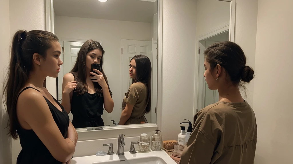 several women are taking a picture in a mirror in a bathroom, a picture by Niko Henrichon, reddit, realism, profile pic, profile picture, posing for a picture, very very low quality picture, 18 years old, mirror selfie, beautiful girls, profile image, older sister vibes, 16 years old, instagram model, selfie, high picture quality
