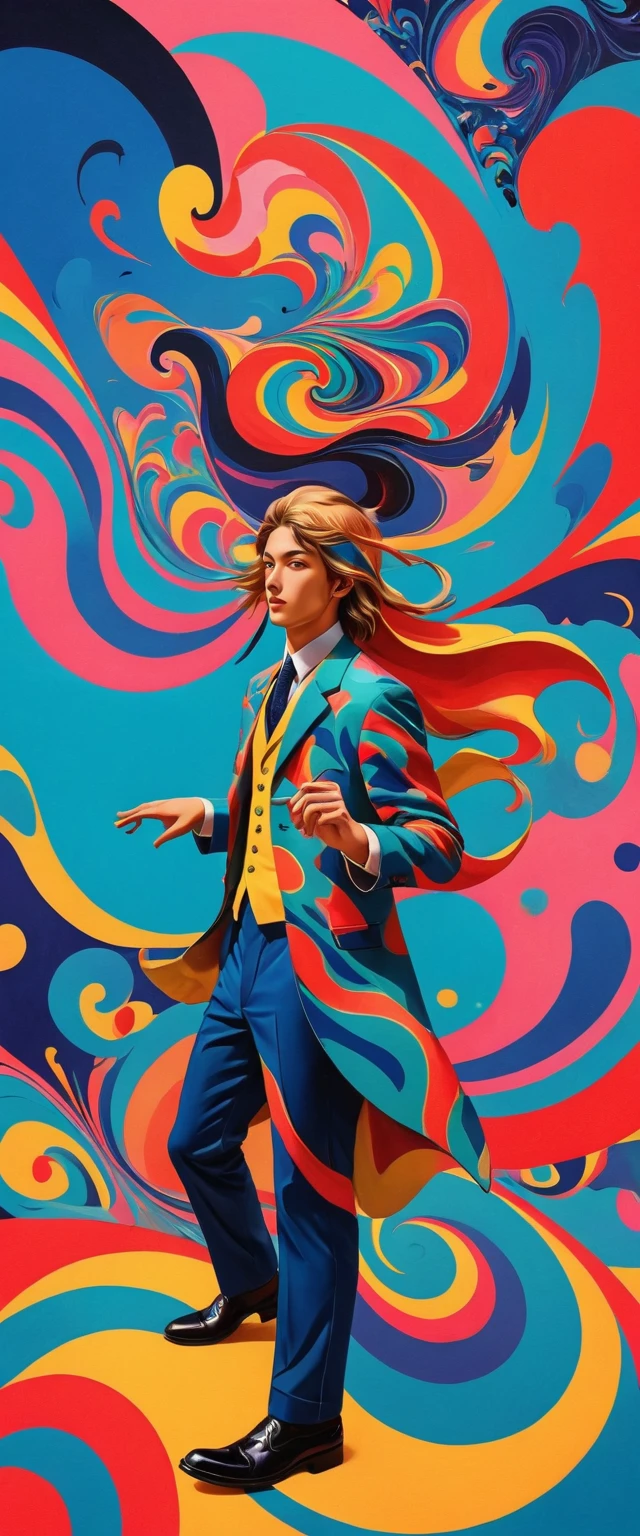 Psychedelic风格男, (Model pose, epic:1.0) . Vibrant colors, Rotate the pattern, Abstract Form, Surrealism, Psychedelic