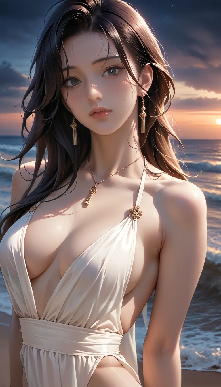score_9, score_8_superior, score_7_superior,
Masterpieces with up to 16K resolution,Highest quality,it is really amazing,Very detailed,Ultra-high resolution,Real,Realistic,Increased depth of field,Cinematic lighting,
1 sexy japanese mature,
Long black hair,Ultra-detailed and beautiful faces,Translucent white skin,Very detailedな肌の質感,Slender body,Anatomically correct body,
(Elegant swimwear:1.2),
Artistic design,Beautiful and detailed pattern,Detailed fabric texture, Gorgeous necklace,Earrings,
(Coastal scenery at night:1.2),
Dark Clouds,Dark Sky,delay々Continuing sandy beach, Deserted Beach,Dark sea surface,
(Face close-up:1.2),